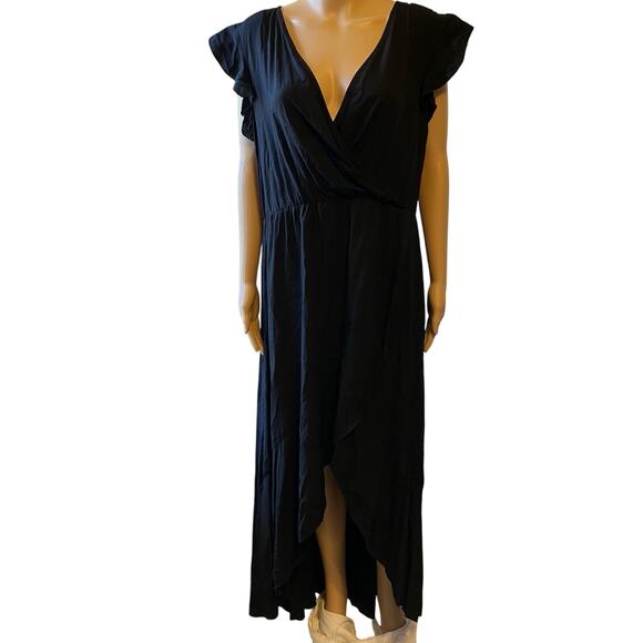 Grecerelle Women XL Black V Neck Wrap Dress Hi Low Ruffle Coastal Elastic Waist - Picture 1 of 10